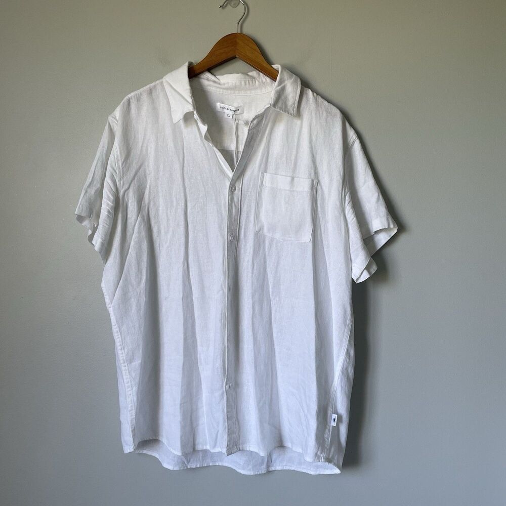 Vintage Summer Linen Blend Button Down Shirt Top Short Sleeves White Men's XL